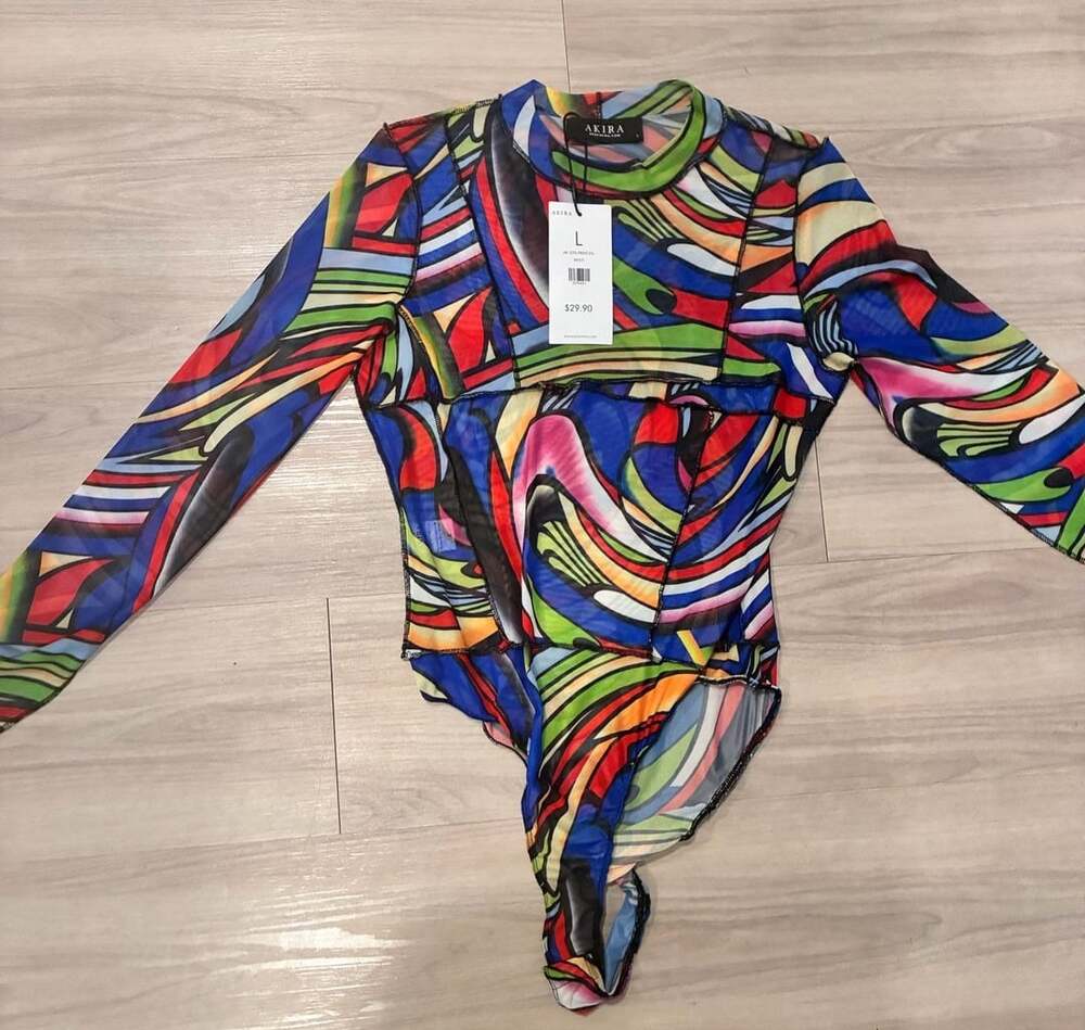 Akira Multi-Color Abstract Print Long Sleeve Mesh Bodysuit L